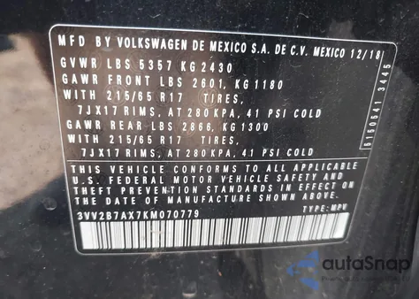 2019 Volkswagen Tiguan 2.0T Se/2.0T Sel/2.0T Sel R-Line/2.0T Sel R-Line Black из США, поврежденный, VIN 3VV2B7AX7KM070779